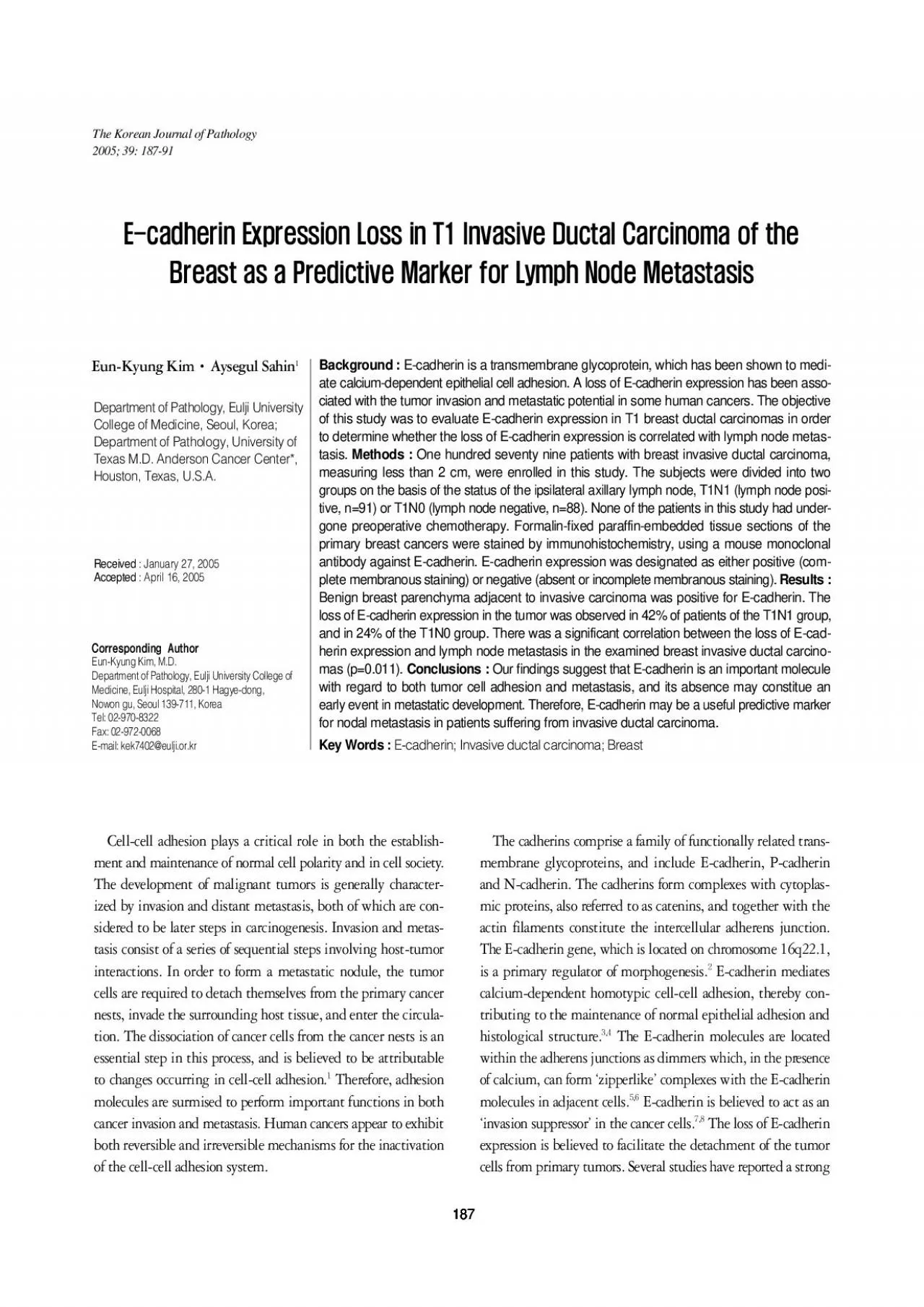 PDF-Ecadherin is a transmembrane glycoprotein which has been shown to me