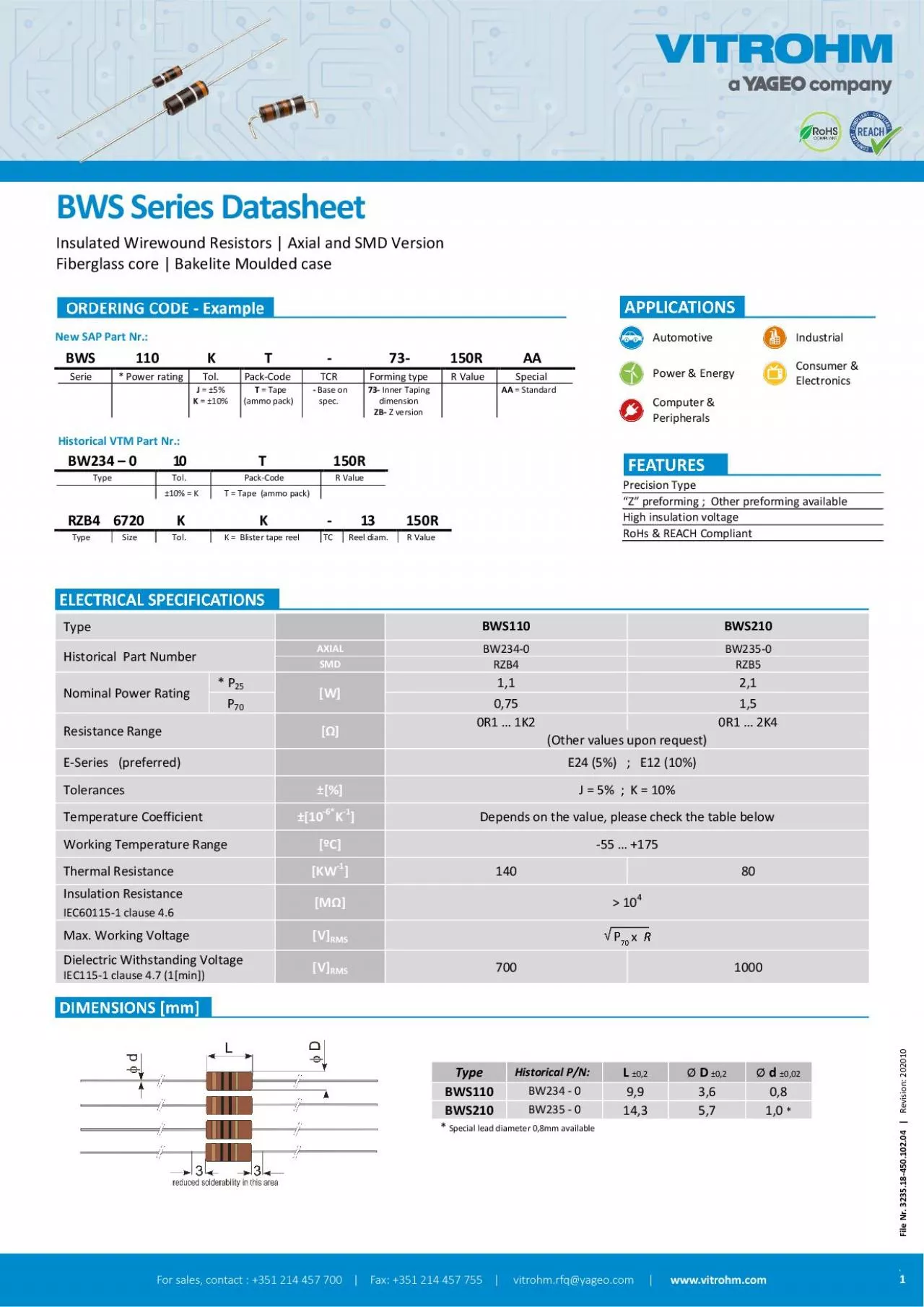 BWSSeries Datasheet      InsulatedWirewound ResistorsAxial and SMD Ver