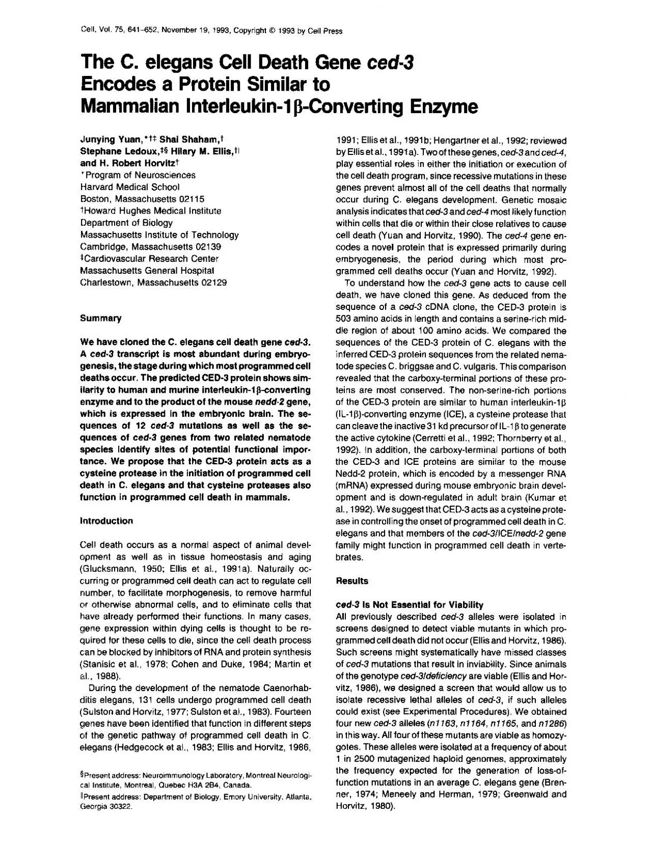 PDF-The C elegans Cell Death Gene ted3 Encodes a Protein Similar to Mamm