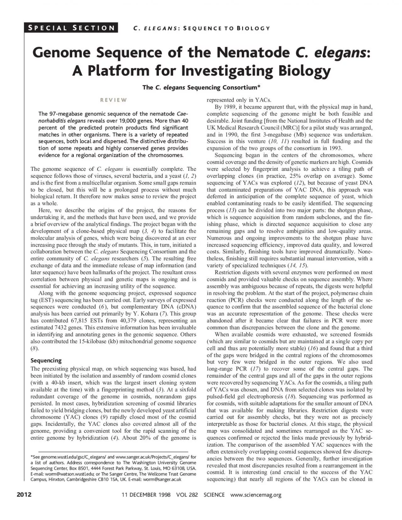 PDF-GenomeSequenceoftheNematodeCelegansAPlatformforInvestigatingBiologyC