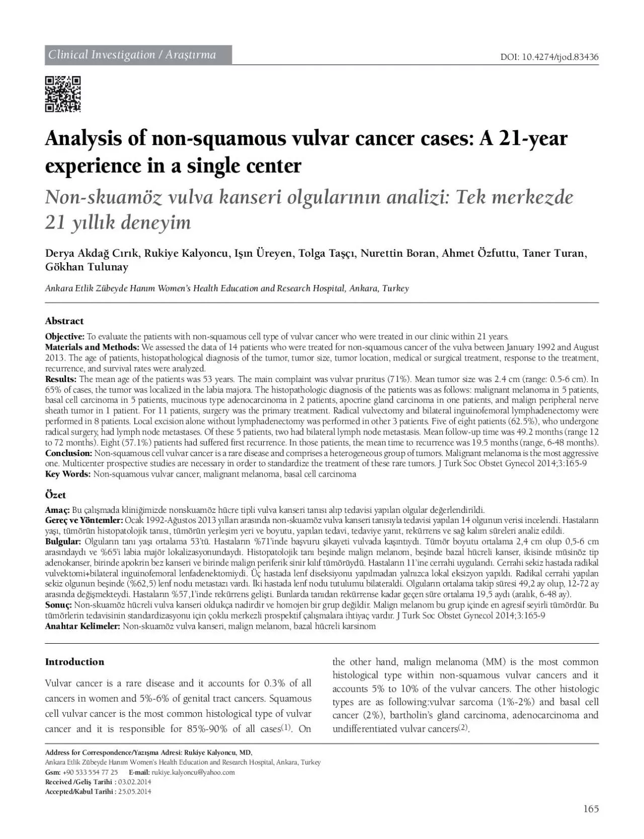 Analysis of nonsquamous vulvar cancer cases A 21year Nonskuamz v