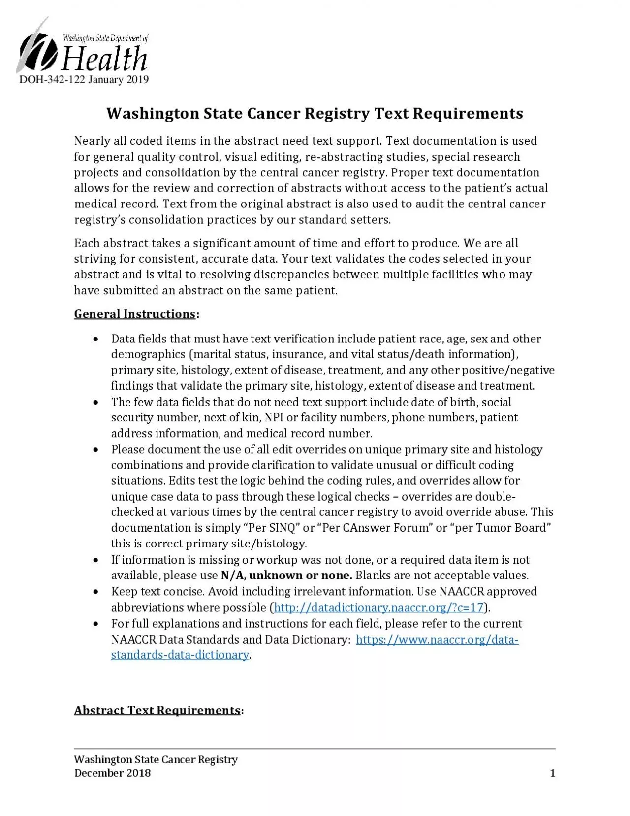 Washington State Cancer RegistryDecember 2018