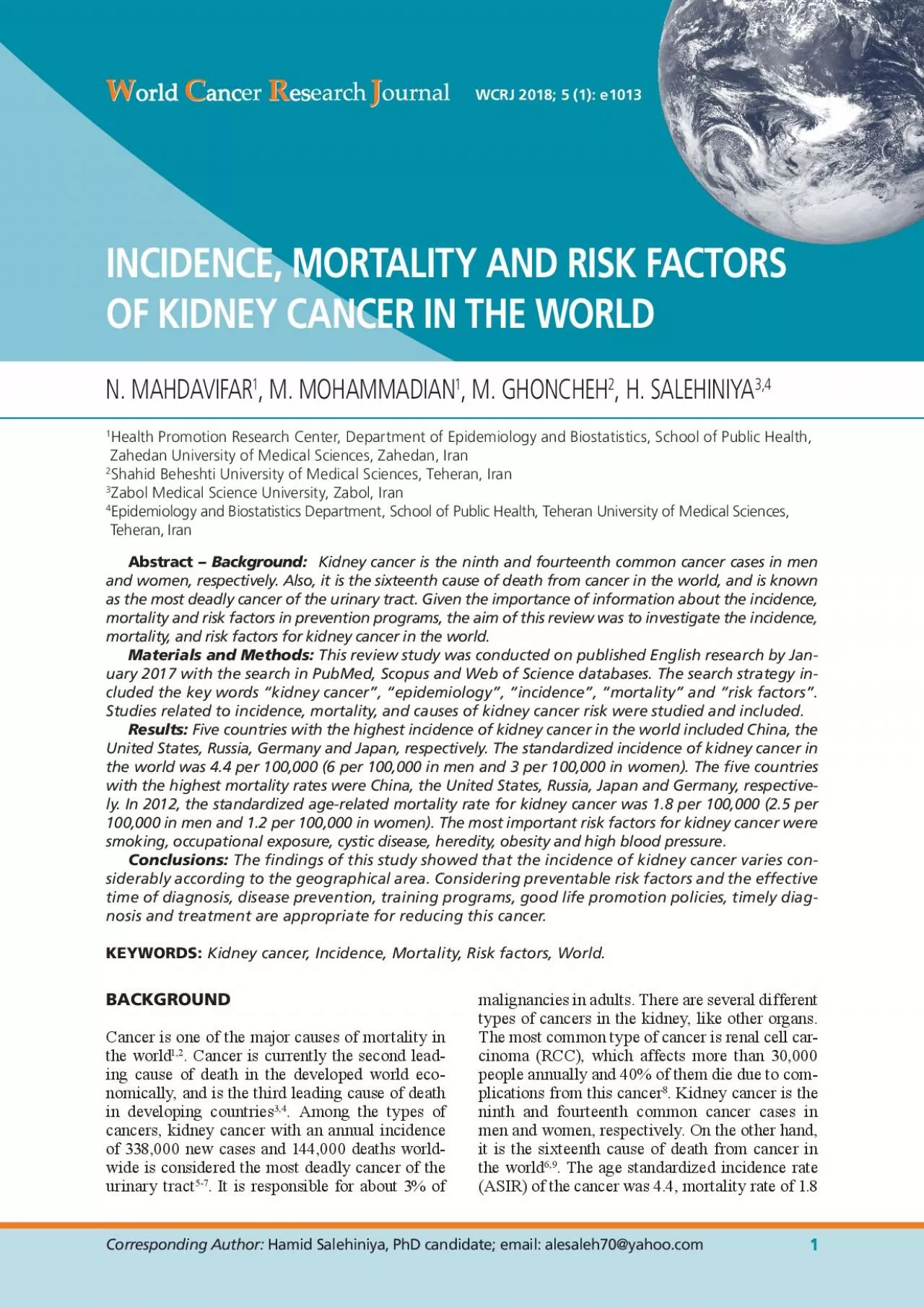 INCIDENCE MORTALITY AND RISK FACTORSOF KIDNEY CANCER IN THE WORLDBACK