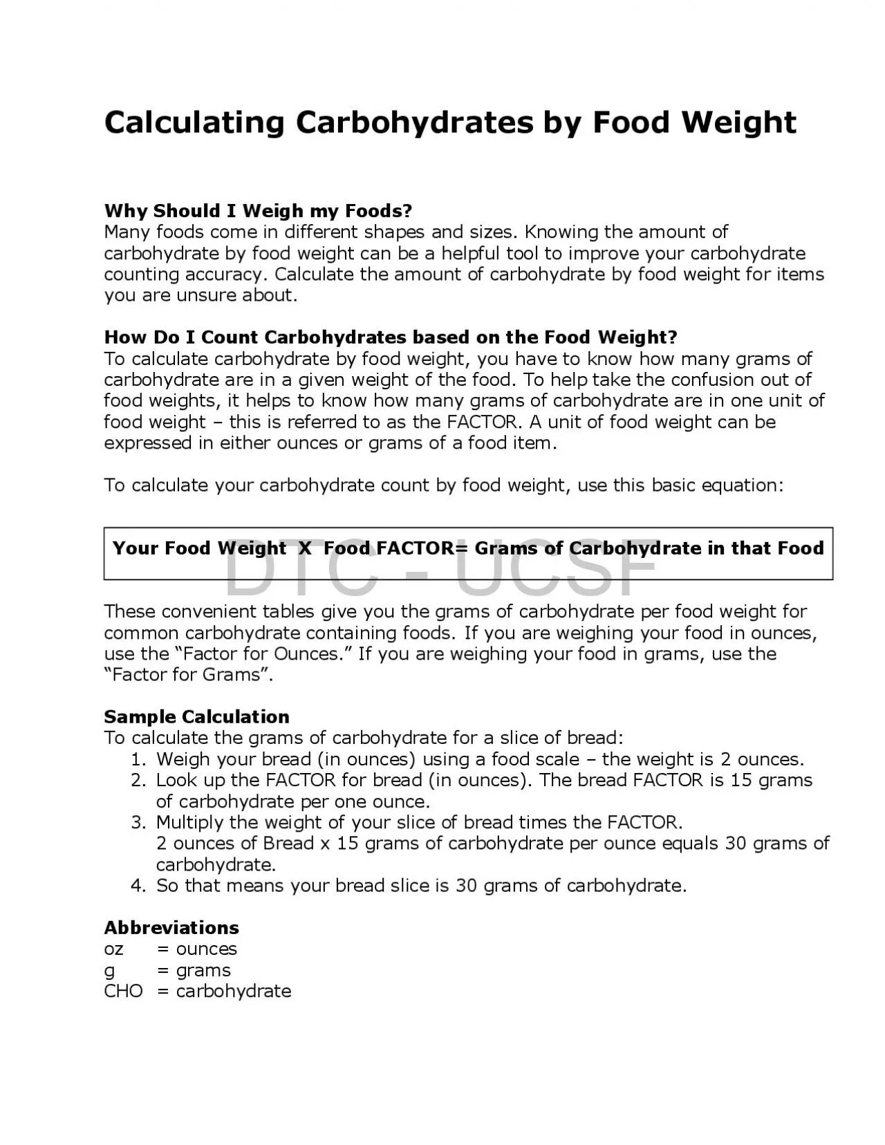 PDF-Calculating Carbohydrates by Food Weight