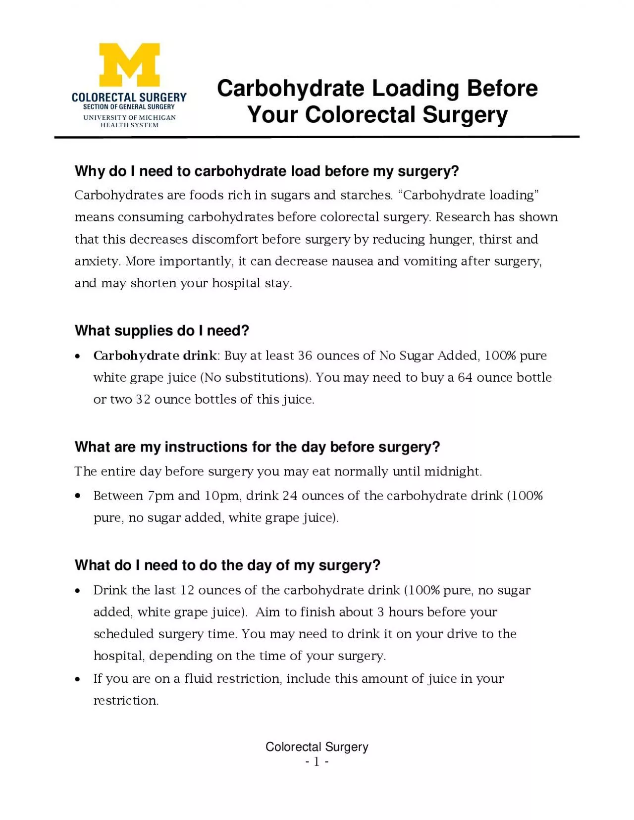 PDF-x0000x0000Colorectal SurgeryCarbohydrate Loading BeforeYour Colo