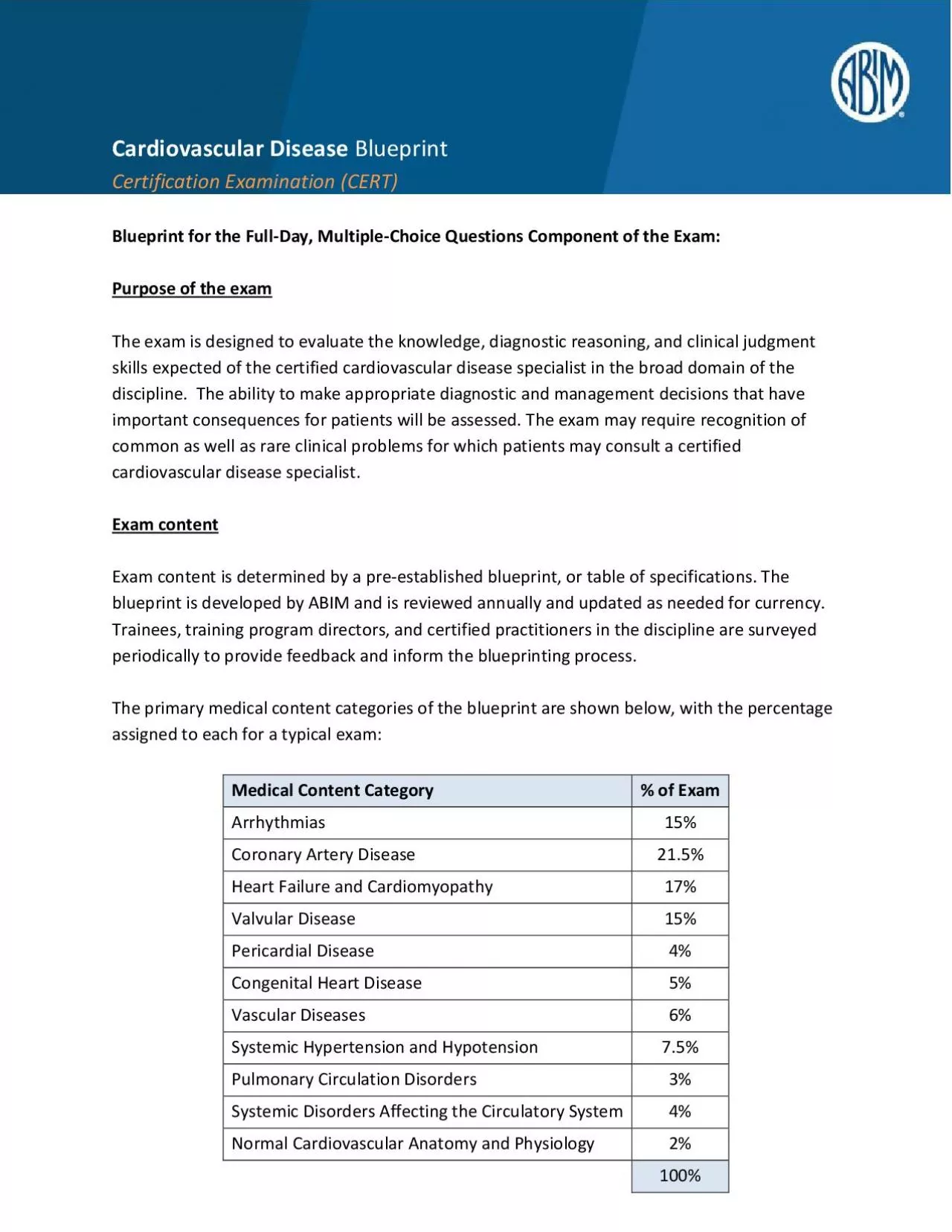 PDF-Cardiovascular DiseaseCertification Examination BlueprintBlueprint for