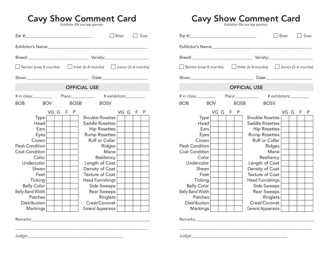 Cavy Show Comment Card
