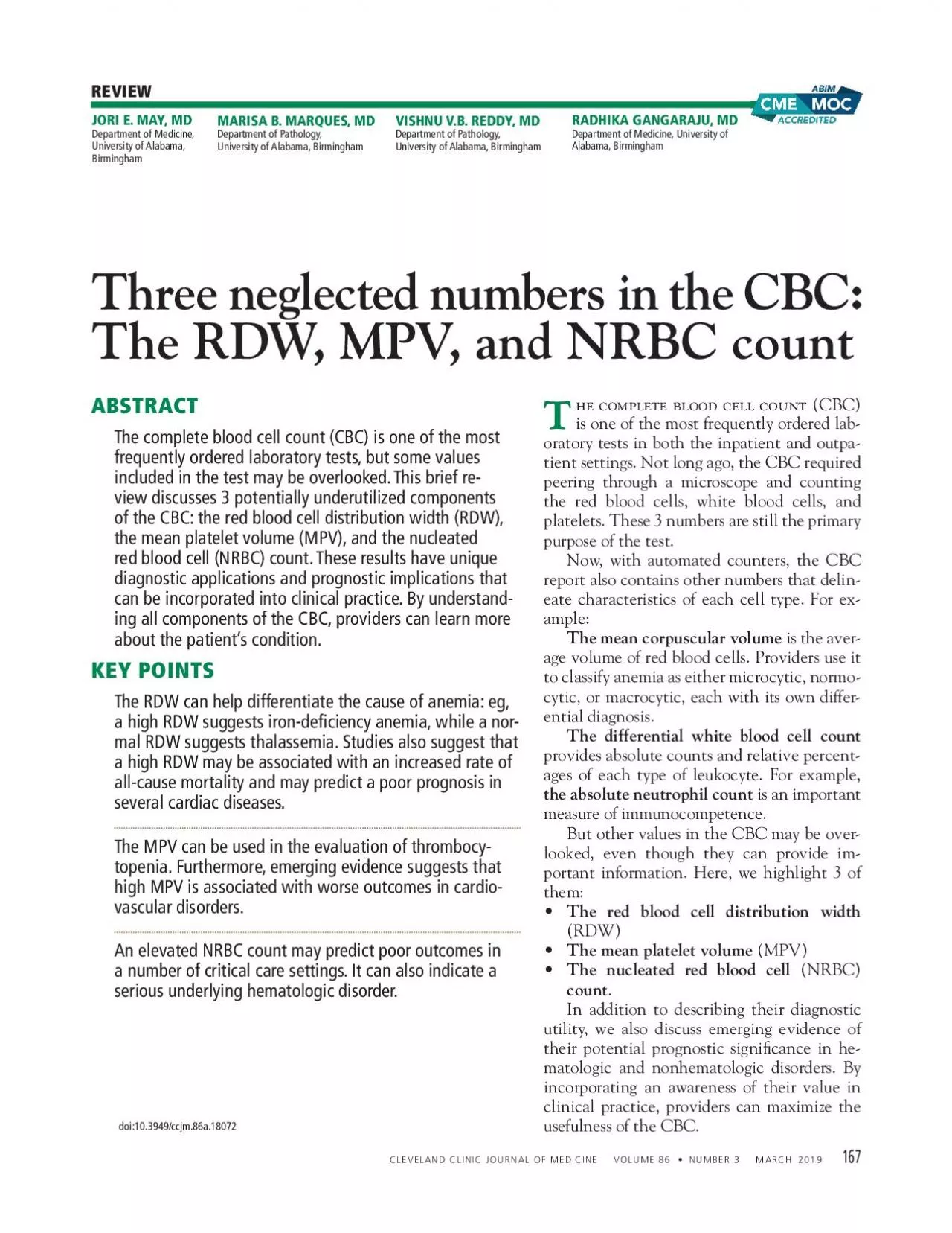 Three neglected numbers in the CBCThe RDW MPV and NRBC countCLEVELA
