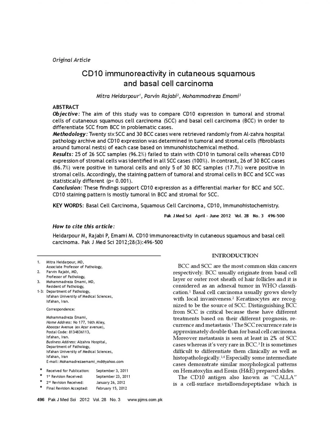 PDF-Pak J Med Sci 2012 Vol 28 No 3 wwwpjmscompkBCC and SCC