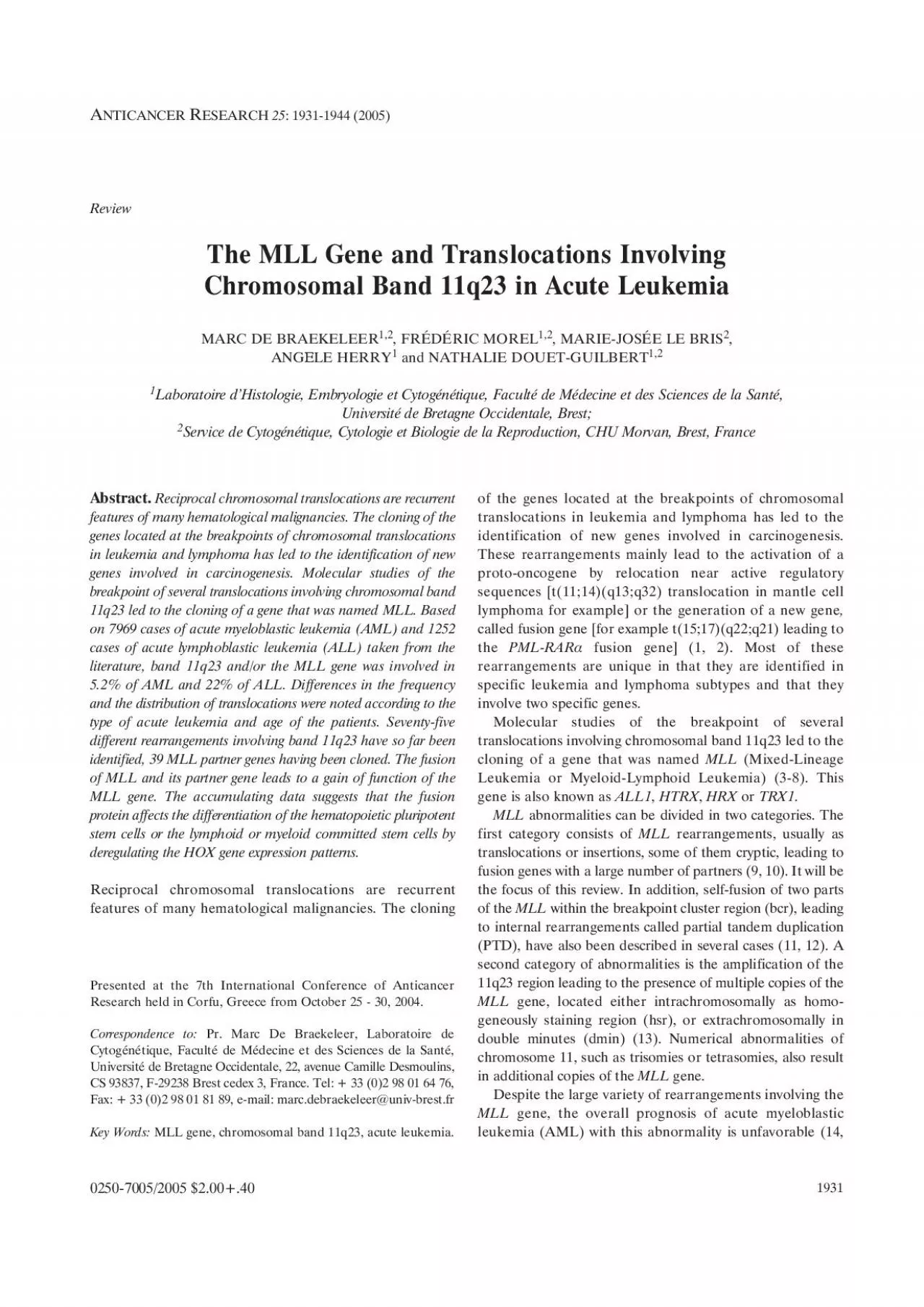 PDF-15 Thereforedetection of rearrangements of band 11q23 by banding cy