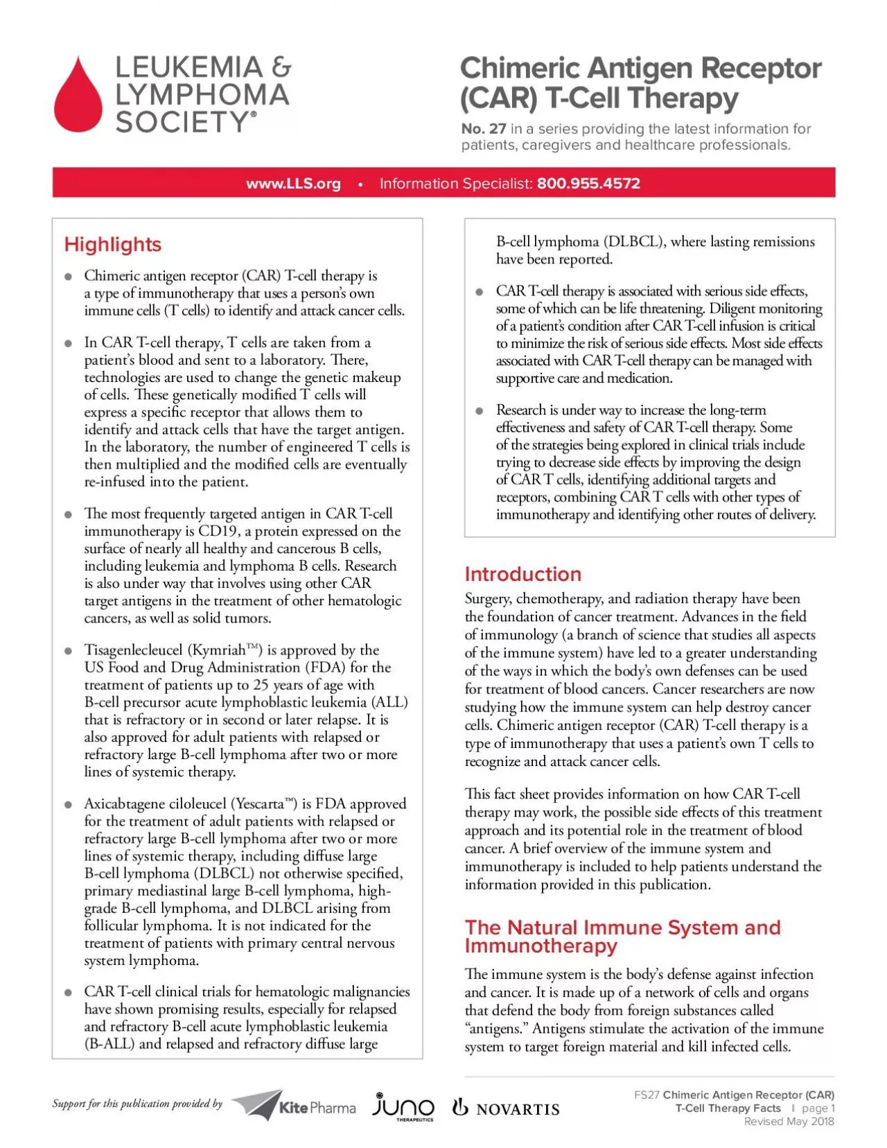 PDF-Chimeric Antigen Receptor CAR TCell Therapy Facts Revised May 2018