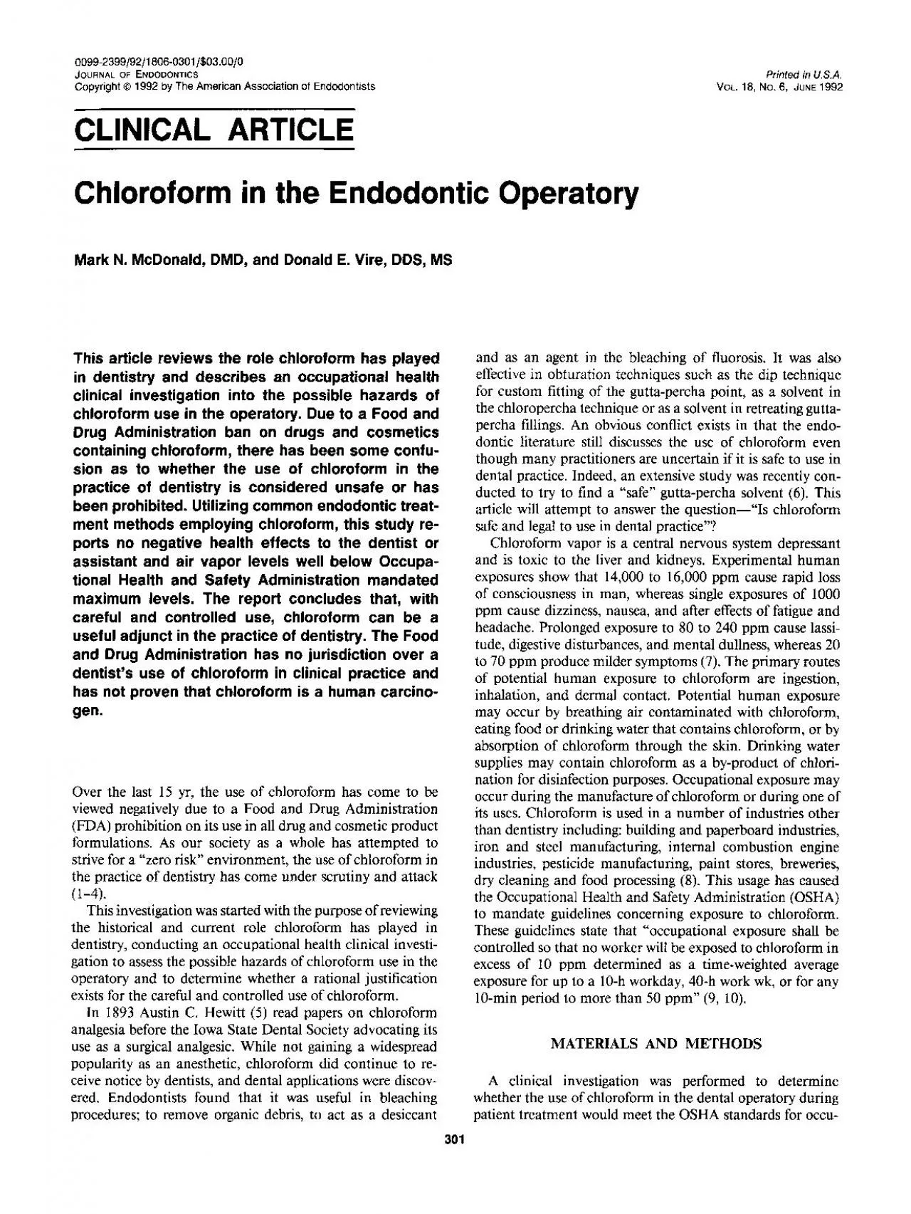 PDF-JOURNAL OF ENDODONTICS American Association VOL 18 containing chloro