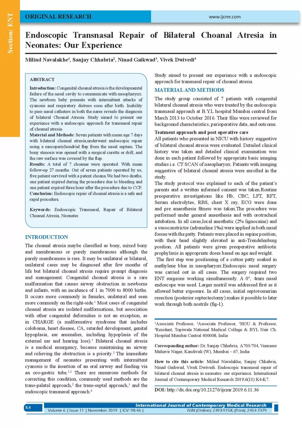 Endoscopic Transnasal Repair of Bilateral Choanal Atresia in