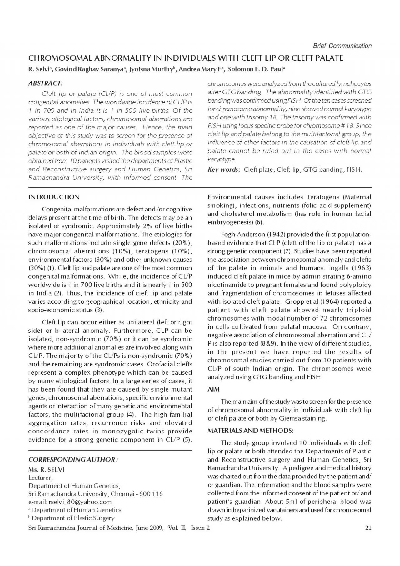 Sri Ramachandra Journal of Medicine June 2009  Vol II  Issue 221Br