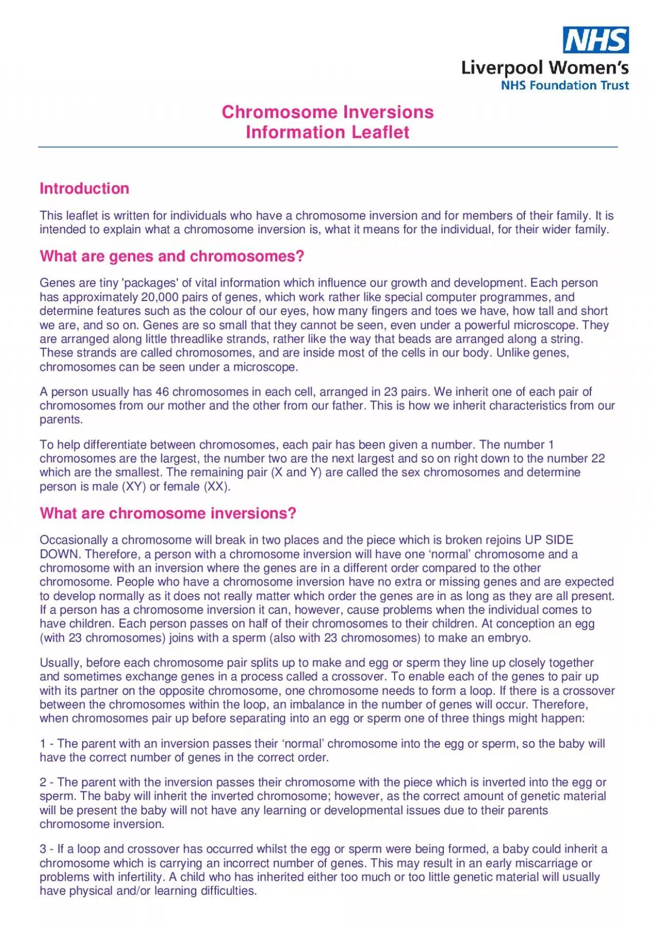 Chromosome Inversions Information Leaflet