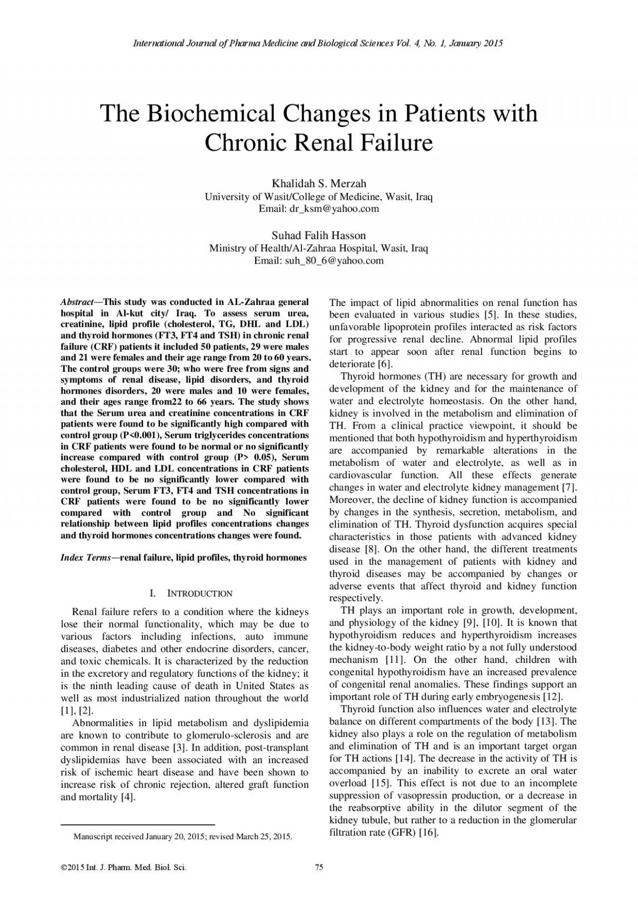 The Biochemical Changes in Patients with Chronic Renal Failure  Khalid