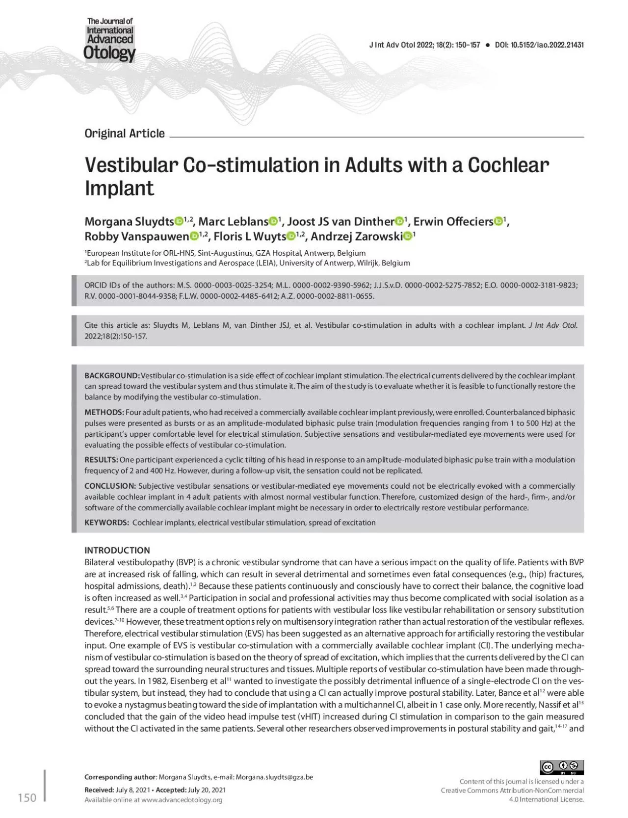 Vestibular Costimulation in Adults with a Cochlear ImplantMorgana Slu