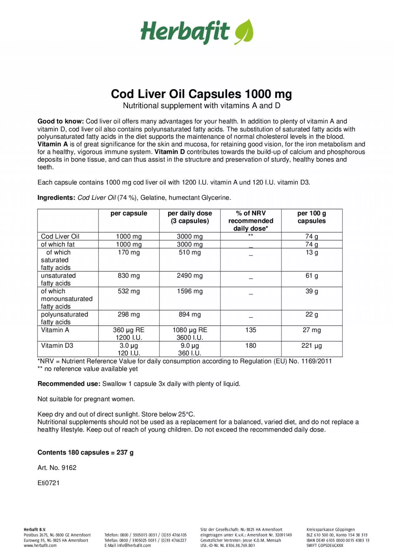 Cod Liver Oil Capsules 1000 mg Nutritional supplement with vitamins A