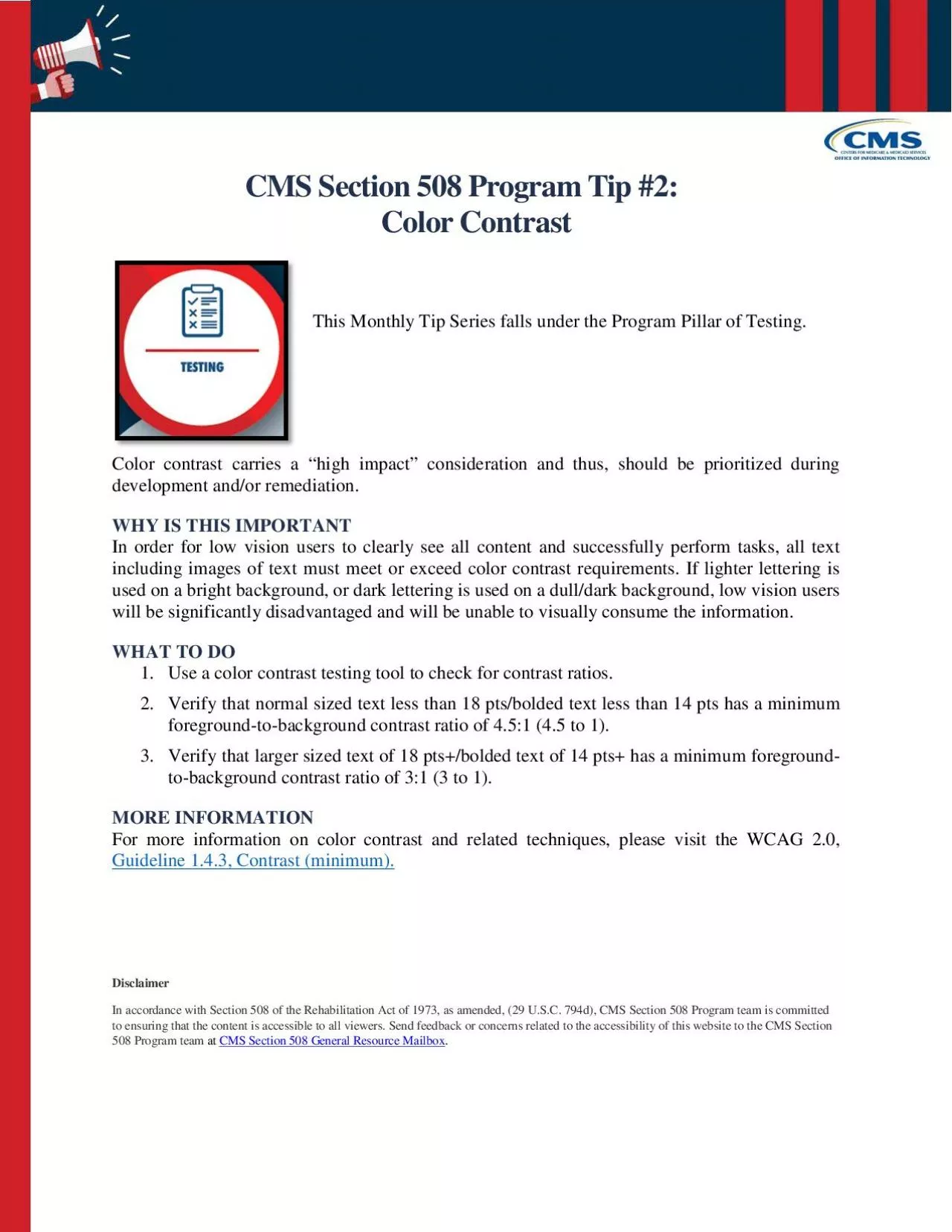 CMS Section 508 Program TipColor ContrastThis Monthly Tip Series falls