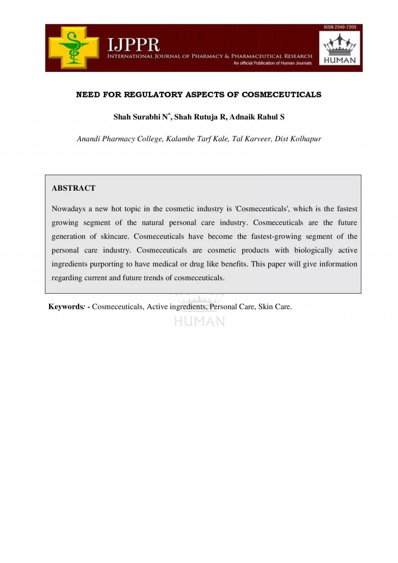 PDF-NEED FOR REGULATORY ASPECTS OF COSMECEUTICALS