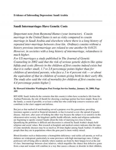 Evidence of Inbreeding Depression Saudi ArabiaSaudi Intermarriages Ha