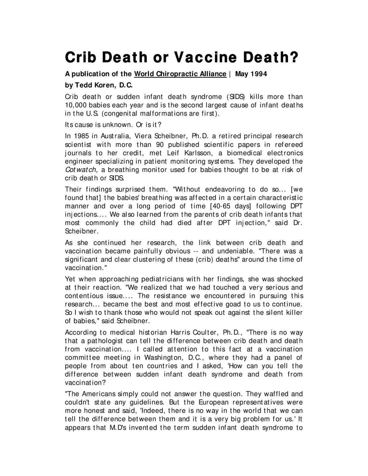 PDF-Crib Death or Vaccine Death A publication of the World Chiropractic A