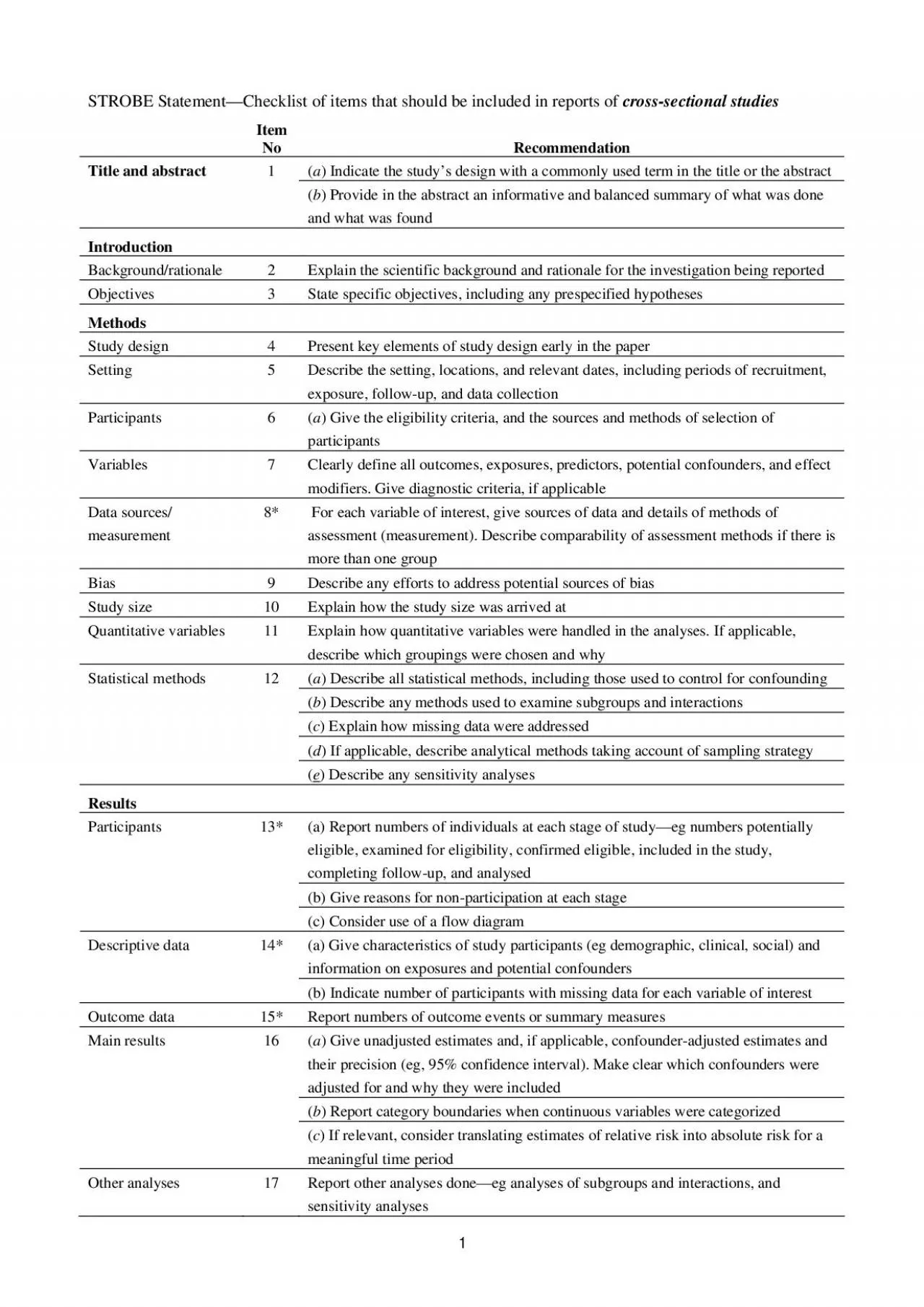 PDF-STROBE StatementChecklist of items that should be included in reports