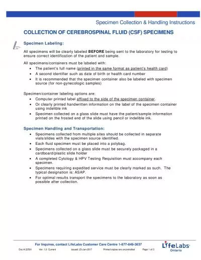 Specimen Collection  Handling InstructionsCOLLECTION OF CEREBROSPINAL