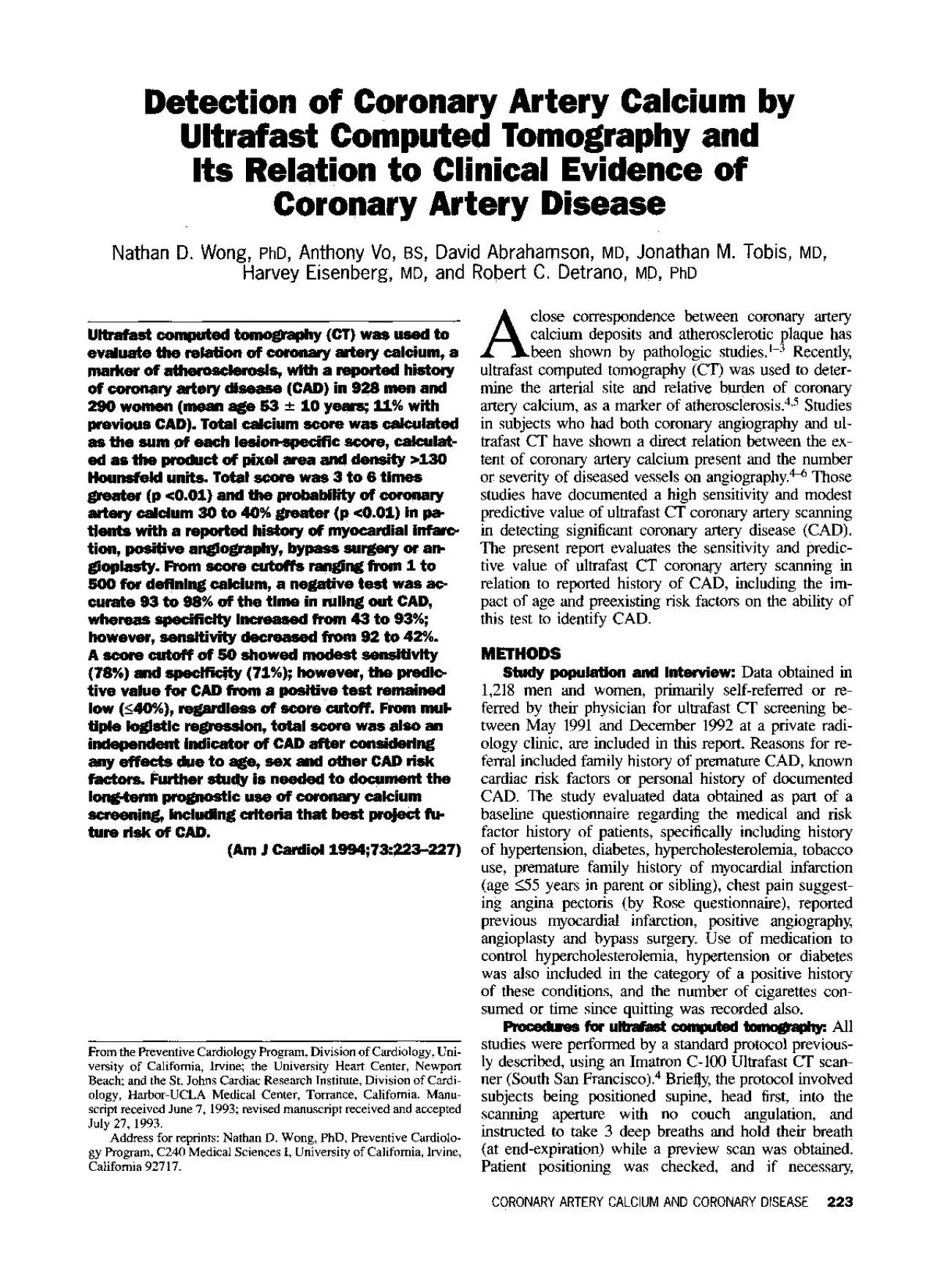 PDF-Detection of Coronary Artery Calcium by Ultrafast Computed Tomography