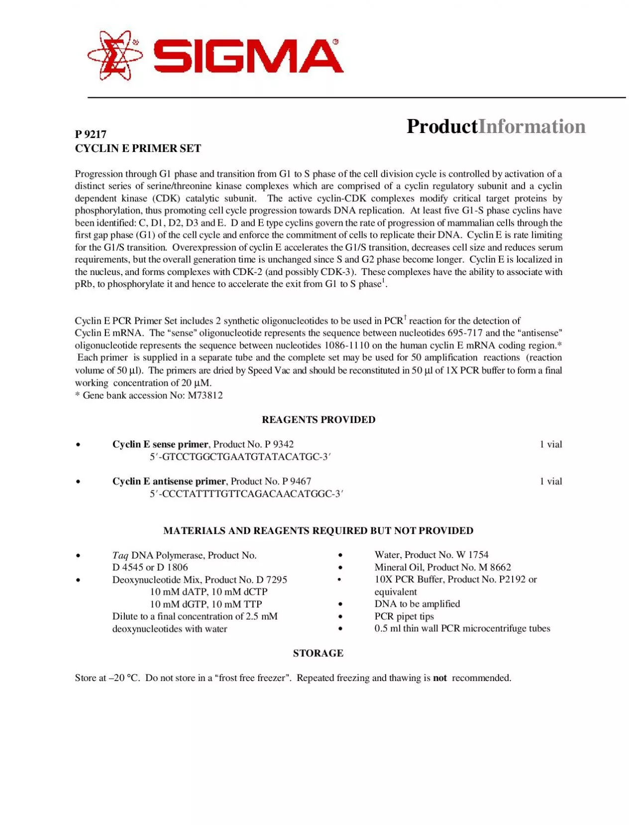 PDF-CYCLIN E PRIMER SETProgression through G1 phase and transition from G1