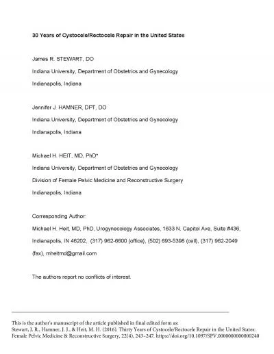 30 ears of CystoceleRectocele Repair in the United StatesDivision of