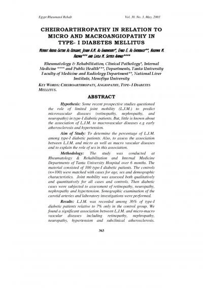 Cheiroarthropathy in Relation To Angiopathy in Type I Diabertes Mervat