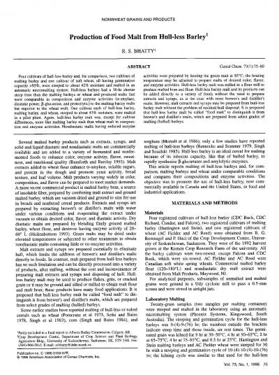 NONWHEAT GRAINS AND PRODUCTSProduction of Food Malt from Hullless Bar