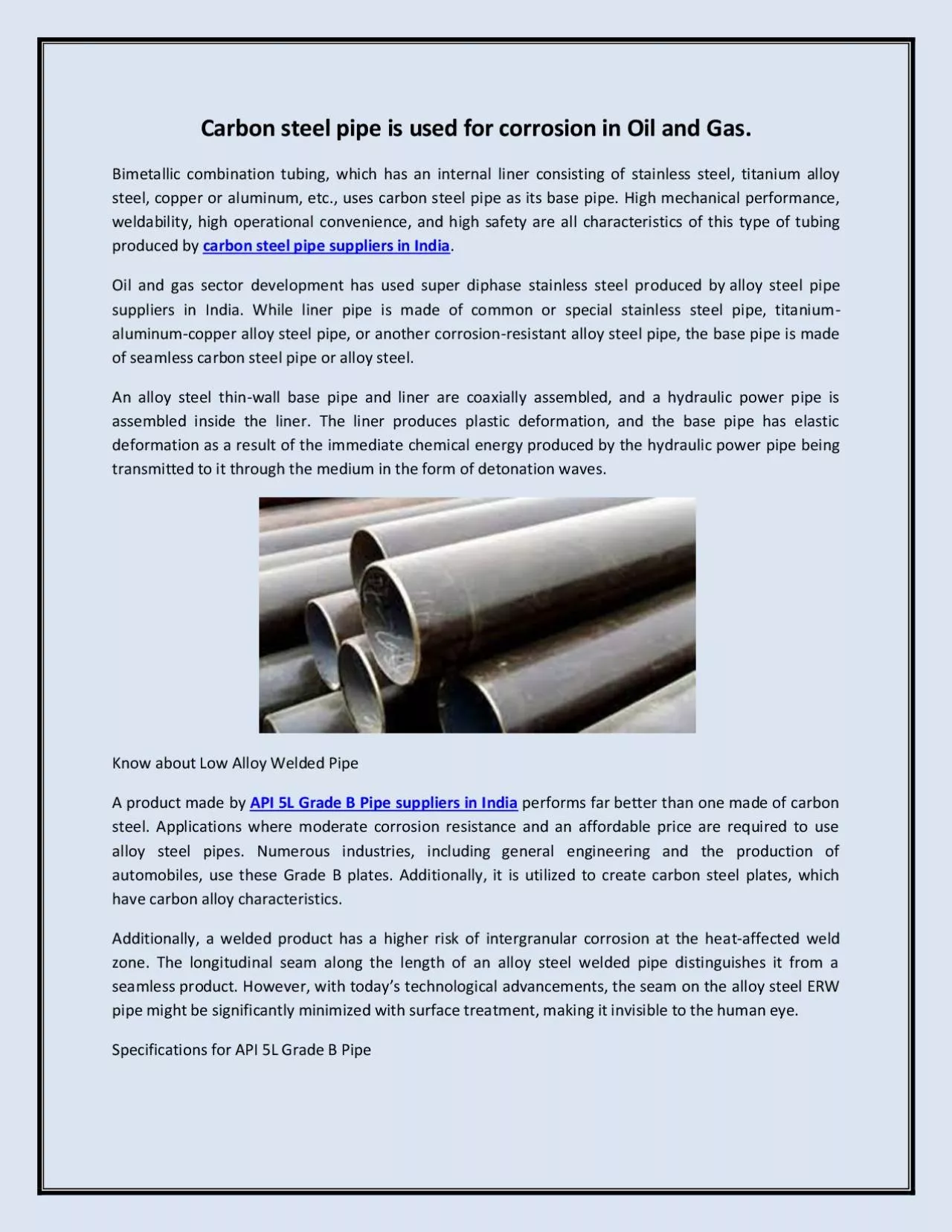 Carbon steel pipe is used for corrosion in Oil and Gas
