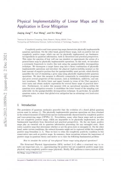 PhysicalImplementabilityofLinearMapsandItsApplicationinErrorMitigation