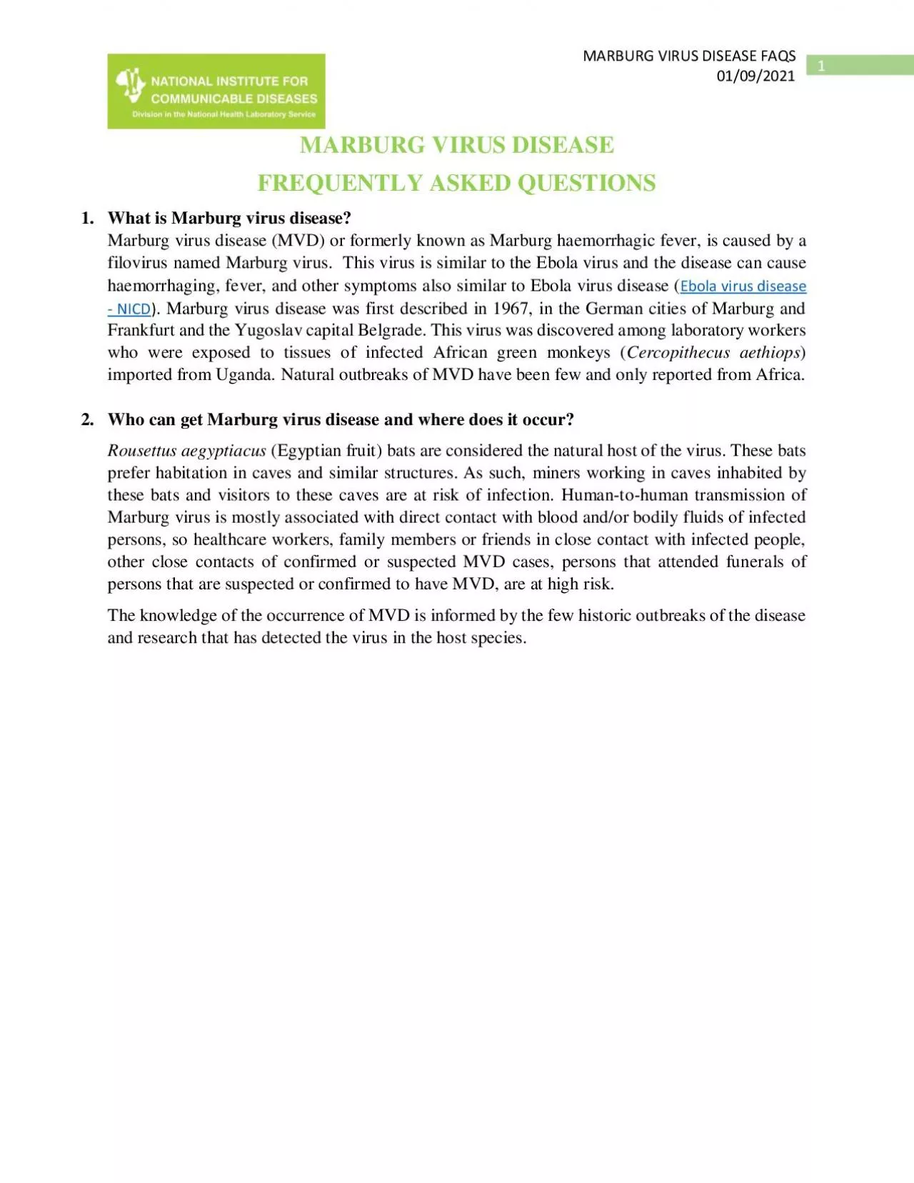 PDF-MARBURG VIRUS DISEASE FAQS