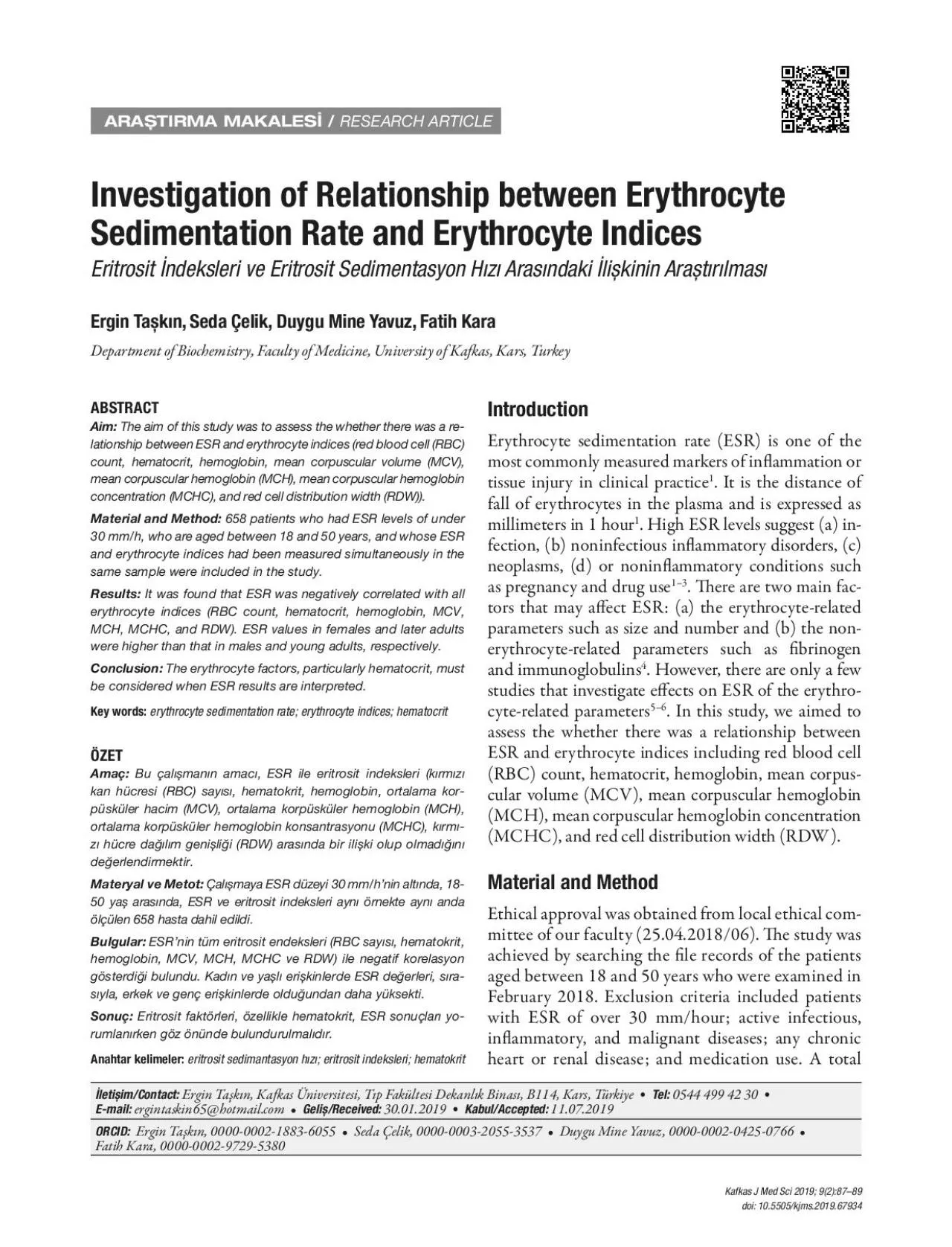 PDF-Investigation of Relationship between Erythrocyte Sedimentation Rate a