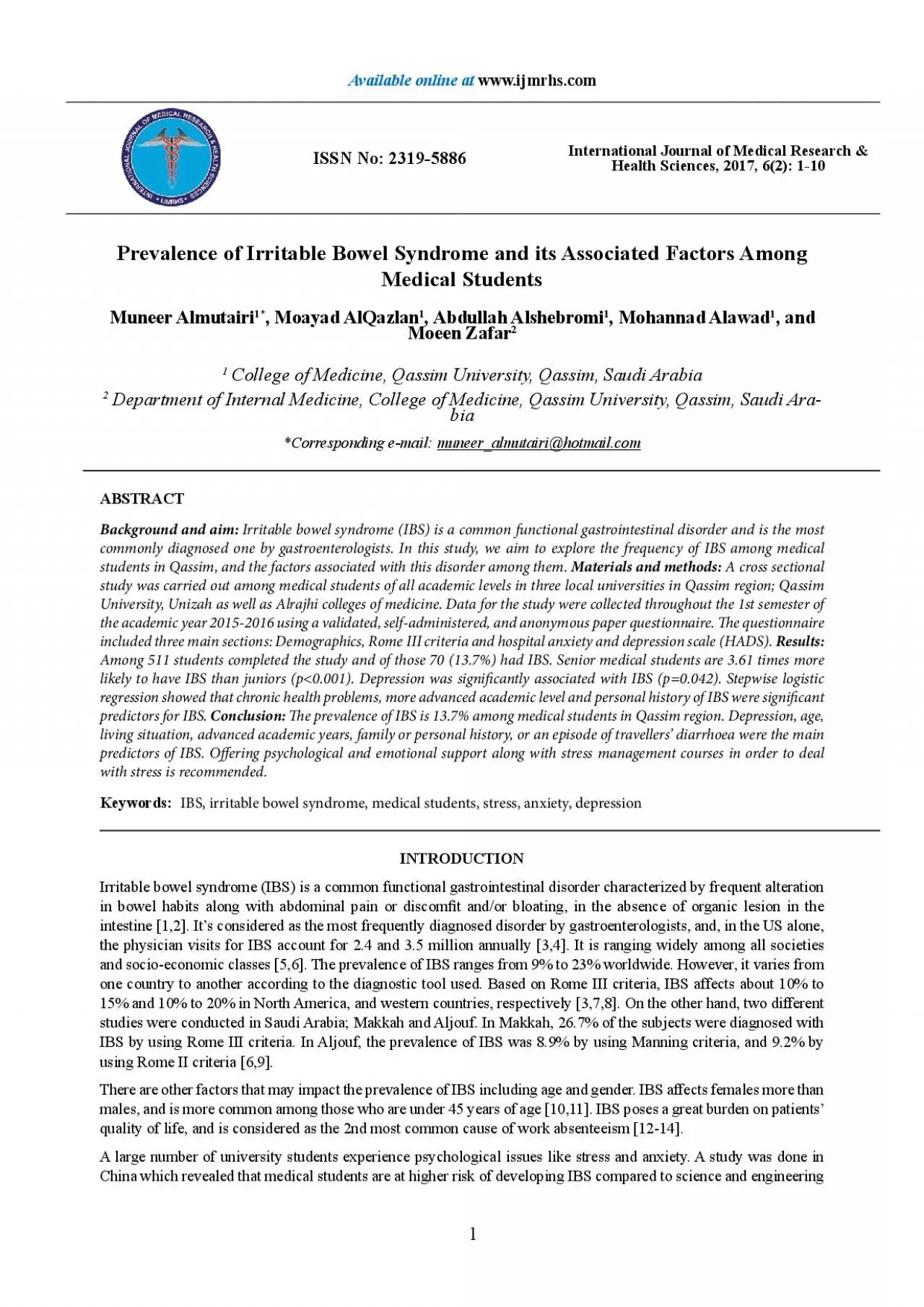 PDF-Prevalence of Irritable Bowel Syndrome and its Associated Factors Amon