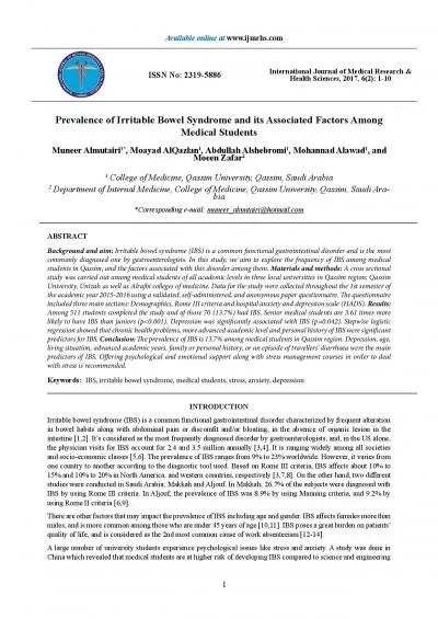 Prevalence of Irritable Bowel Syndrome and its Associated Factors Amon