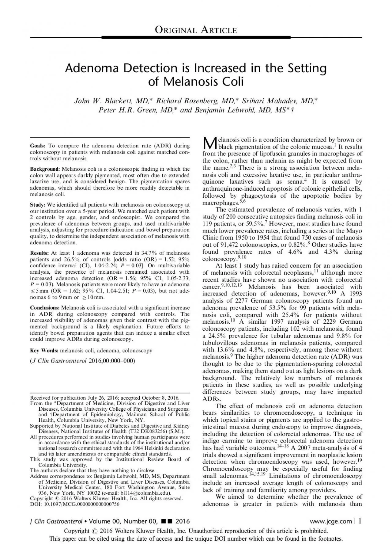 PDF-AdenomaDetectionisIncreasedintheSettingofMelanosisColiJohnWBlackettM