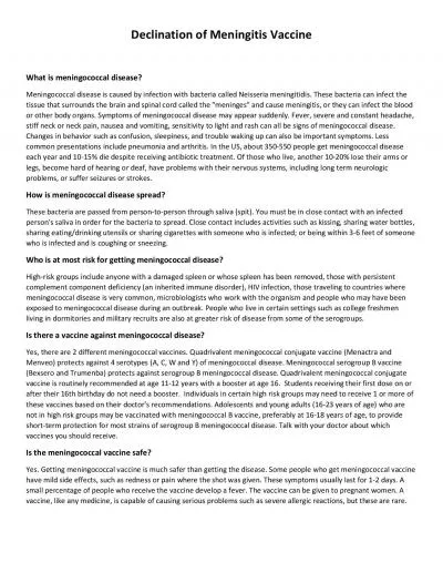 Declination of Meningitis VaccineWhat is meningococcal diseaseMeningo