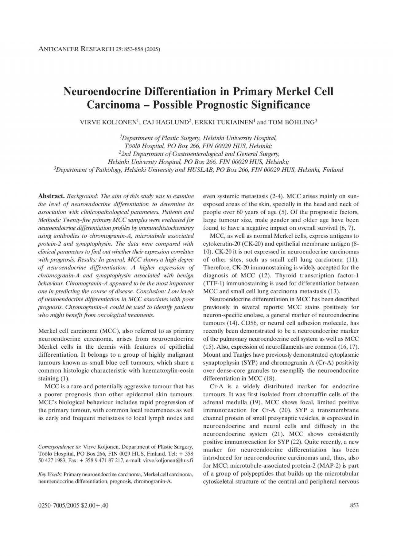 PDF-Neuroendocrine Differentiation in Primary Merkel CellCarcinoma Possi