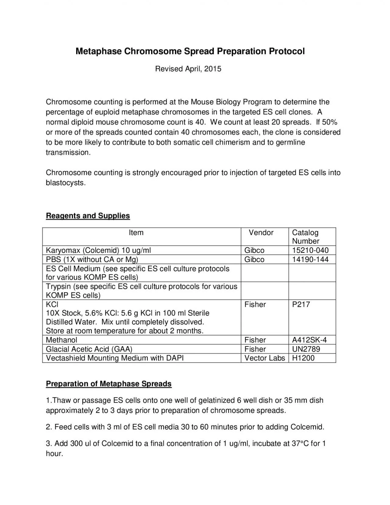 PDF-Metaphase Chromosome Spread Preparation Protocol