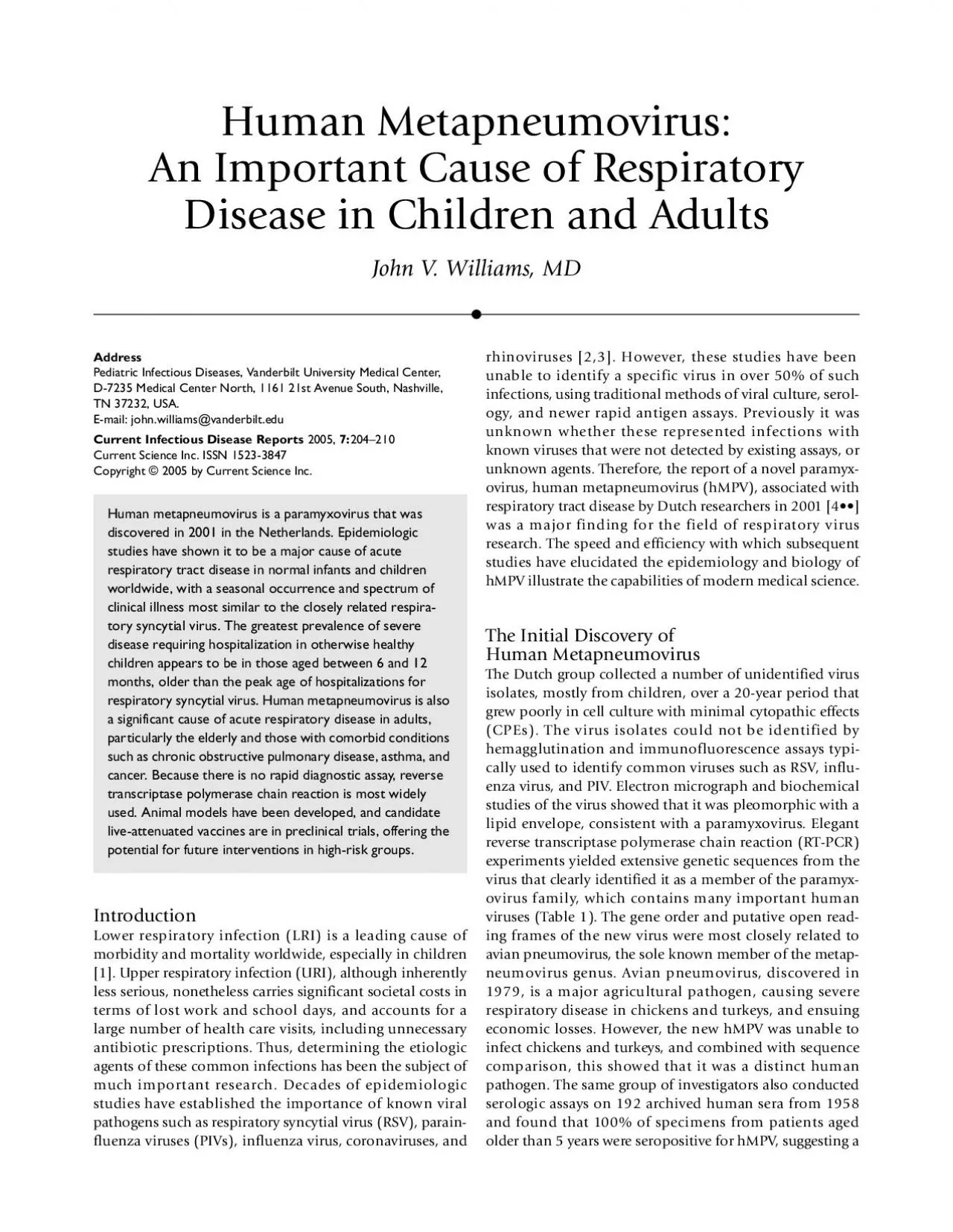 PDF-Human Metapneumovirus An Important Cause of Respiratory Disease in Ch