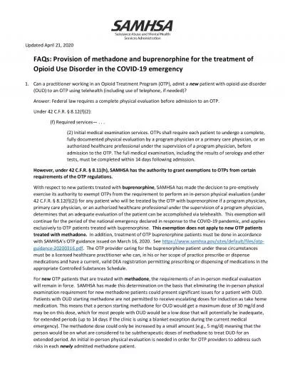 Updated April 21 2020FAQs Provision of methadone and buprenorphine f