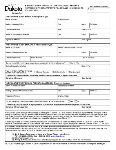 EMPLOYMENT AND AGE CERTIFICATE  MINORS NORTH DAKOTA DEPARTMENT OF LAB