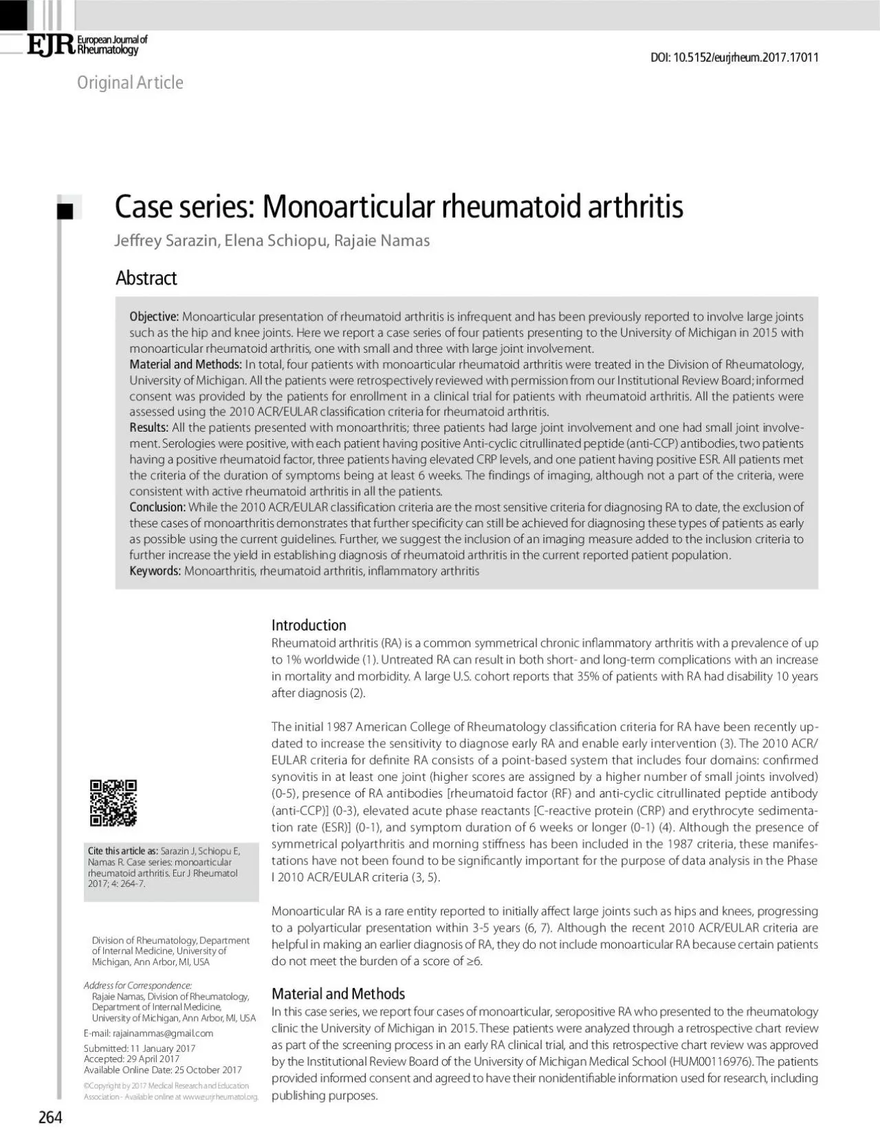 Case series Monoarticular rheumatoid arthritis Rheumatoid arthritis