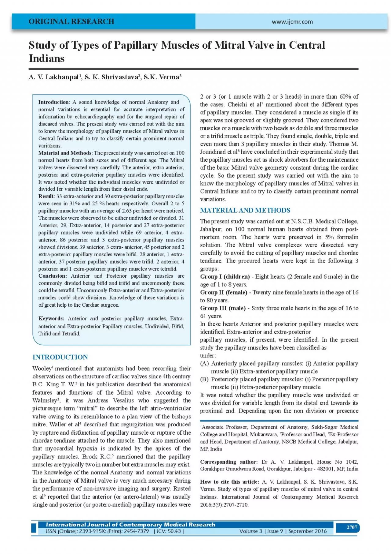 PDF-Study of Types of Papillary Muscles of Mitral Valve in Central