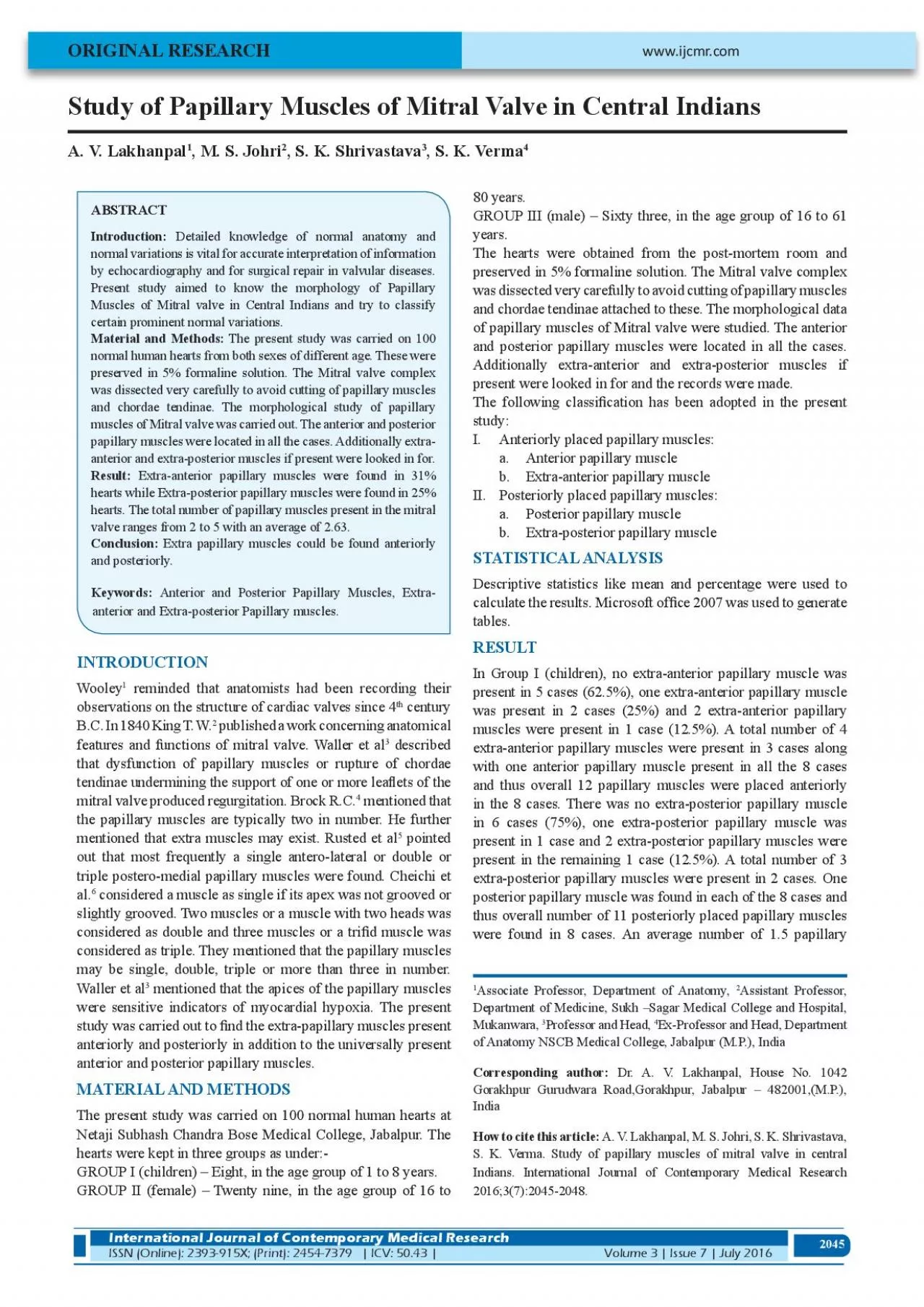 PDF-Study of Papillary Muscles of Mitral Valve in Central Indians