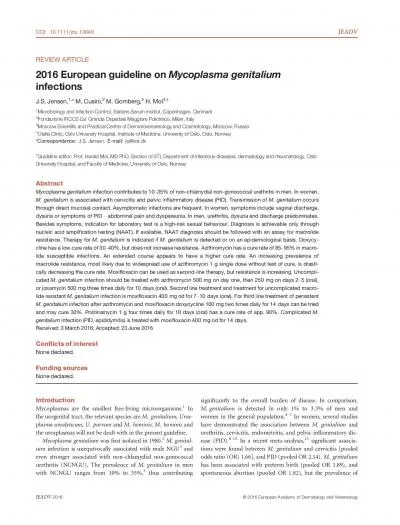 REVIEWARTICLE2016EuropeanguidelineonMycoplasmagenitaliuminfectionsJS